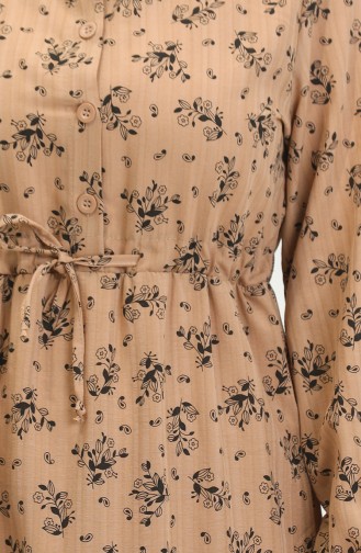 Robe Froncee à Taille à Motifs Fleurs 0398-03 Brun Laiteux 0398-03