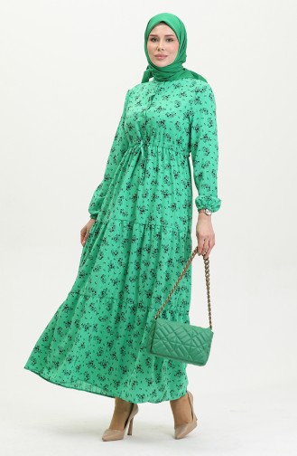 Jurk Met Geplooide Taille En Bloemenpatroon 0398-05 Groen 0398-05