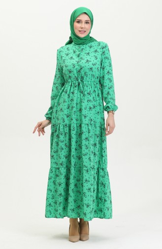 Robe Froncee A Motifs Fleuris 0398-05 Vert 0398-05