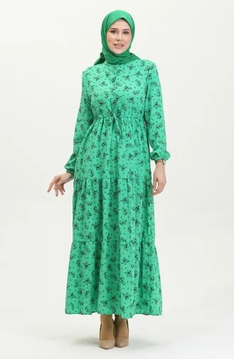 Kleid Mit Geraffter Taille Und Blumenmuster 0398-05 Grün 0398-05