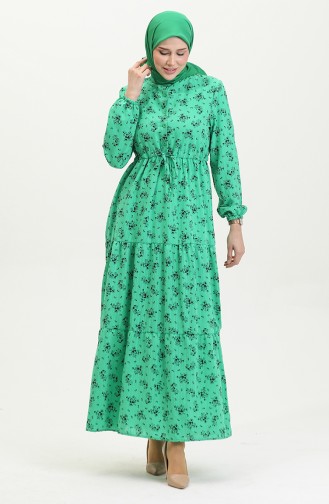 Jurk Met Geplooide Taille En Bloemenpatroon 0398-05 Groen 0398-05