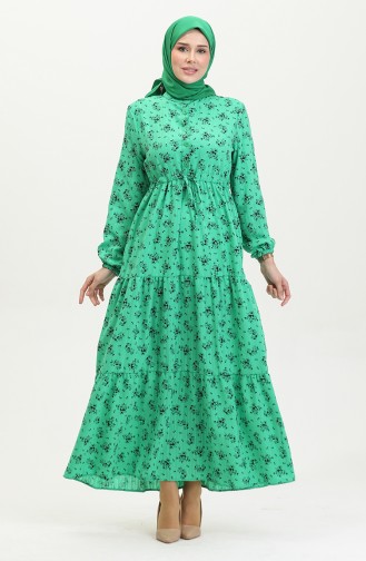 Jurk Met Geplooide Taille En Bloemenpatroon 0398-05 Groen 0398-05