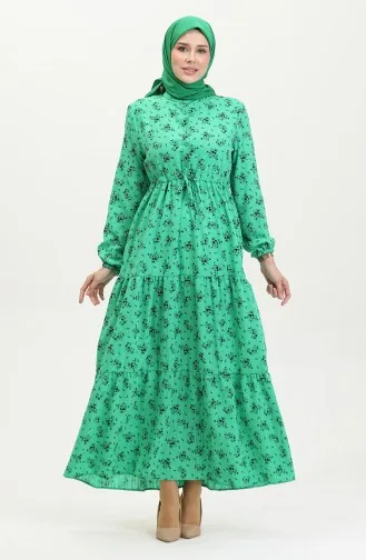 Kleid Mit Geraffter Taille Und Blumenmuster 0398-05 Grün 0398-05