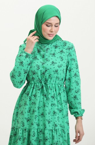 Jurk Met Geplooide Taille En Bloemenpatroon 0398-05 Groen 0398-05