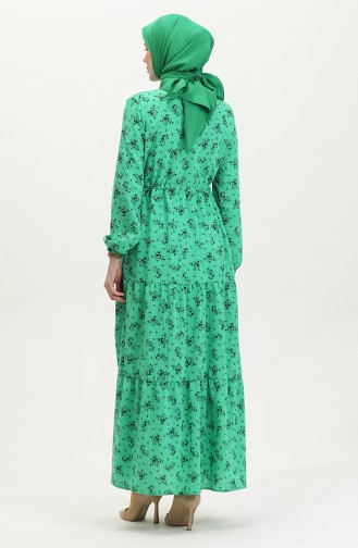 Jurk Met Geplooide Taille En Bloemenpatroon 0398-05 Groen 0398-05