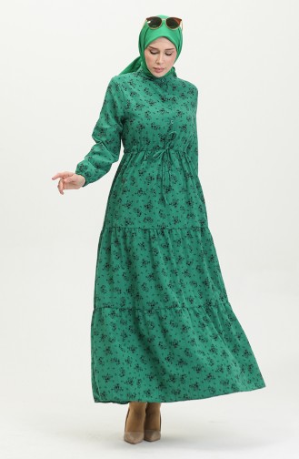 Floral Patterned Gathered Waist Dress 0398-02 Emerald Green 0398-02