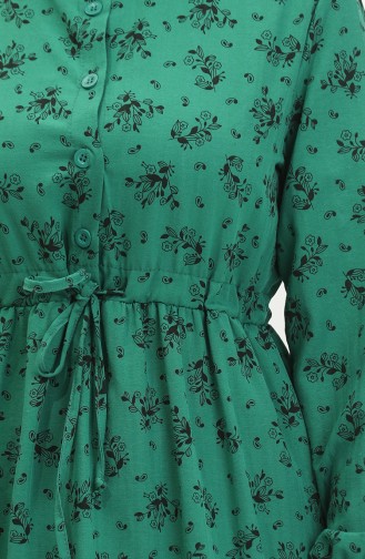 Floral Patterned Gathered Waist Dress 0398-02 Emerald Green 0398-02