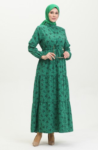 Floral Patterned Gathered Waist Dress 0398-02 Emerald Green 0398-02