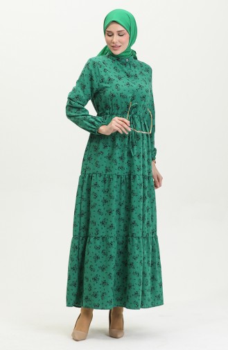 Floral Patterned Gathered Waist Dress 0398-02 Emerald Green 0398-02