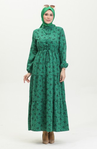 Floral Patterned Gathered Waist Dress 0398-02 Emerald Green 0398-02