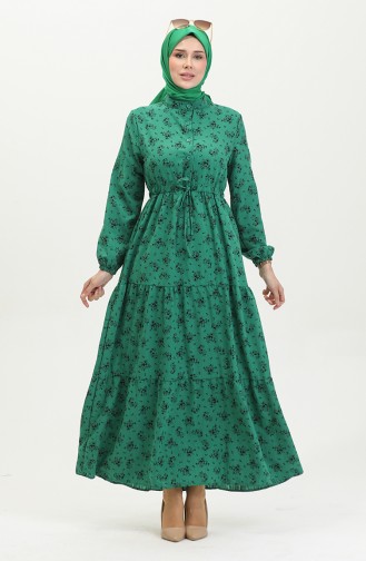 Floral Patterned Gathered Waist Dress 0398-02 Emerald Green 0398-02