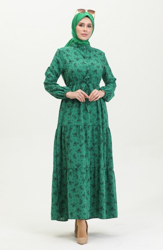 Floral Patterned Gathered Waist Dress 0398-02 Emerald Green 0398-02