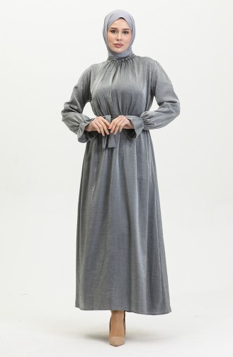 فستان كتان بحزام للمحجبات 81853-01 رمادي 81853-01