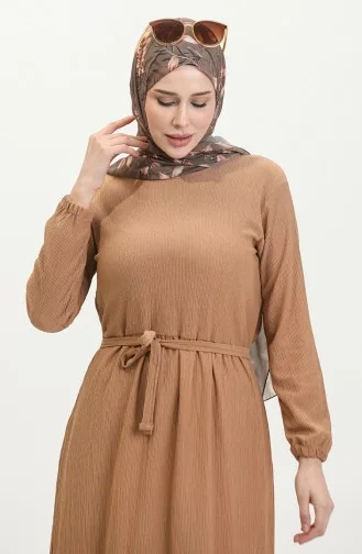 Bürümcük Kumaş Kuşaklı Elbise 5022-05 Hardal