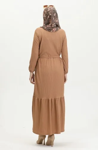 Bürümcük Kumaş Kuşaklı Elbise 5022-05 Hardal
