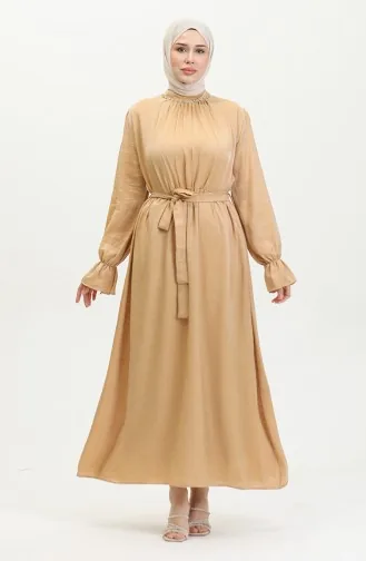 Simli Keten Kuşaklı Elbise 81853-06 Hardal