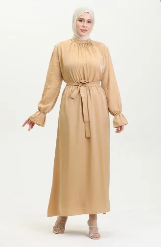 Simli Keten Kuşaklı Elbise 81853-06 Hardal