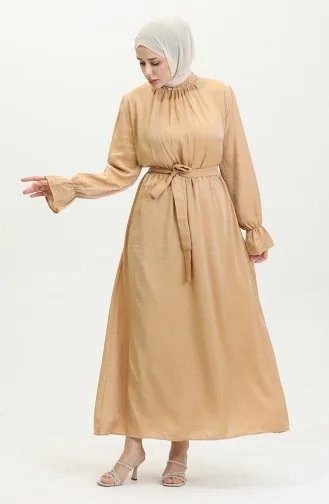 Simli Keten Kuşaklı Elbise 81853-06 Hardal