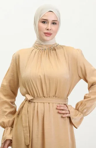 Simli Keten Kuşaklı Elbise 81853-06 Hardal
