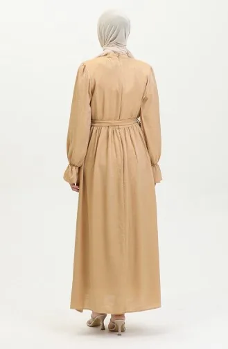 Simli Keten Kuşaklı Elbise 81853-06 Hardal