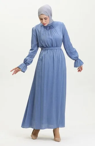 فستان كتان بحزام للمحجبات 81853-08 انديجو 81853-08