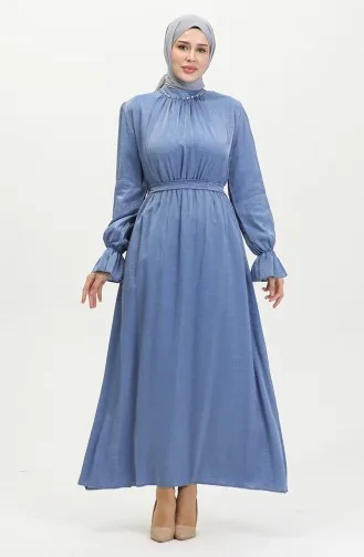 فستان كتان بحزام للمحجبات 81853-08 انديجو 81853-08