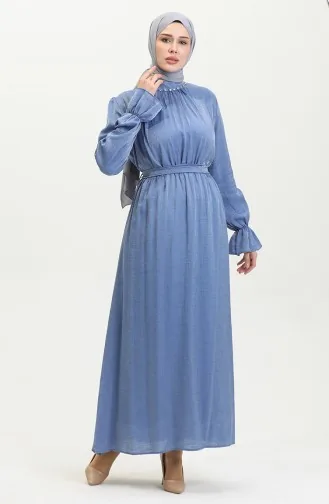 فستان كتان بحزام للمحجبات 81853-08 انديجو 81853-08