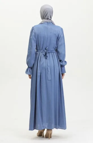 فستان كتان بحزام للمحجبات 81853-08 انديجو 81853-08