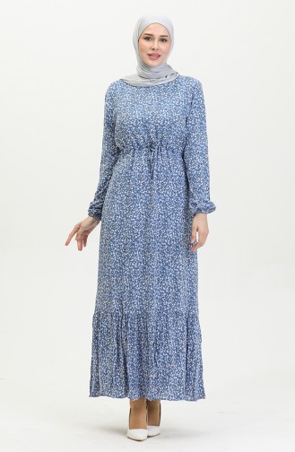 Floral Patterned Viscose Dress 81859-04 Indigo 81859-04