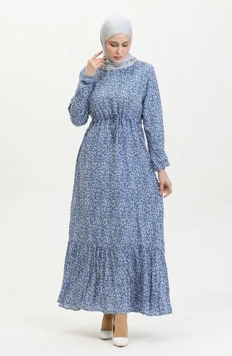 Floral Patterned Viscose Dress 81859-04 Indigo 81859-04