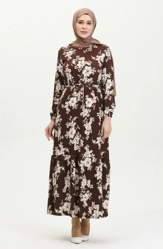 فستان منقوش للمحجبات 5010-03 بني 5010-03