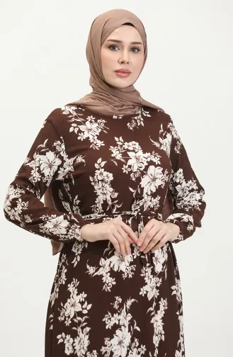 فستان منقوش للمحجبات 5010-03 بني 5010-03