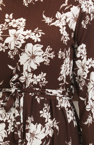 Bürümcük Kumaş Desenli Elbise 5010-03 Kahverengi