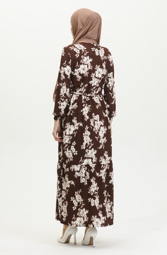 Bürümcük Kumaş Desenli Elbise 5010-03 Kahverengi