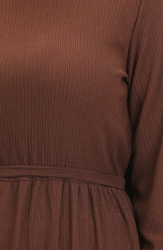 Bürümcük Kumaş Kuşaklı Elbise 5022-03 Kahverengi