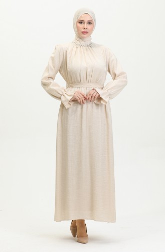 Kleid Aus Lurex-Leinen Mit Gürtel 81853-04 Creme 81853-04