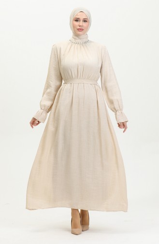 Kleid Aus Lurex-Leinen Mit Gürtel 81853-04 Creme 81853-04