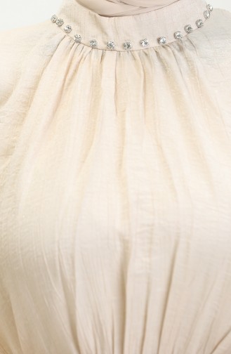 فستان كتان بحزام للمحجبات 81853-04 كريمي 81853-04