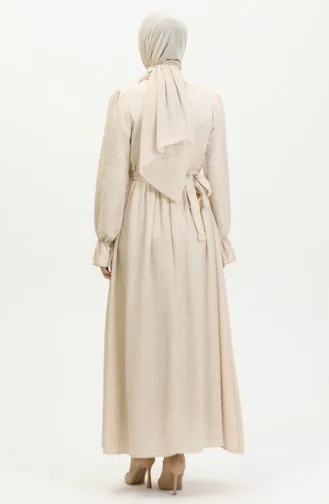 Simli Keten Kuşaklı Elbise 81853-04 Krem