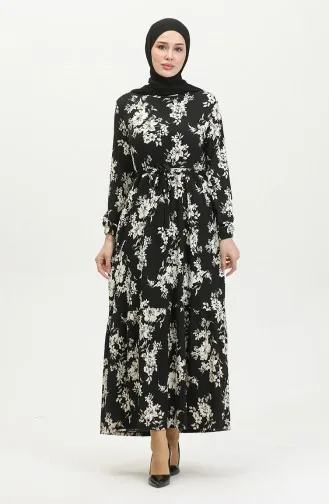 فستان منقوش للمحجبات 5010-01 أسود 5010-01