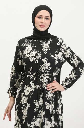 Gemustertes Kleid Aus Bürümcük-Stoff 5010-01 Schwarz 5010-01