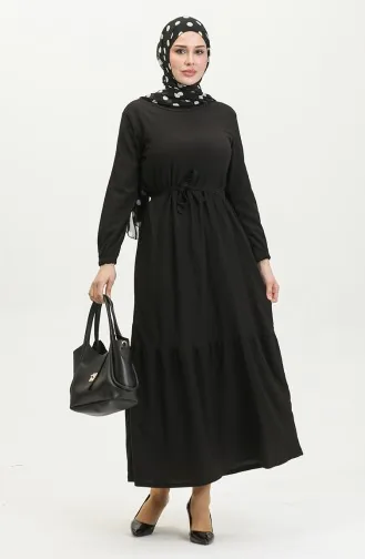 Bürümcük Stoffkleid Mit Gürtel 5022-01 Schwarz 5022-01