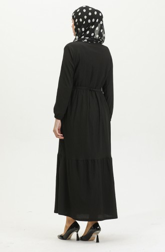 Bürümcük Kumaş Kuşaklı Elbise 5022-01 Siyah