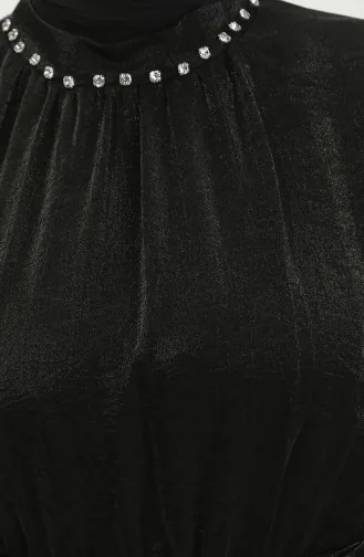 Simli Keten Kuşaklı Elbise 81853-03 Siyah