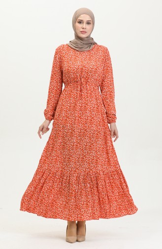 Floral Patterned Viscose Dress 81859-02 Orange 81859-02