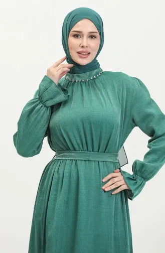 فستان كتان بحزام للمحجبات 81853-07 أخضر زمردي 81853-07