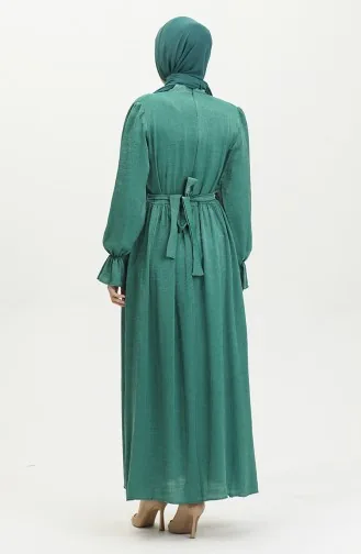 فستان كتان بحزام للمحجبات 81853-07 أخضر زمردي 81853-07