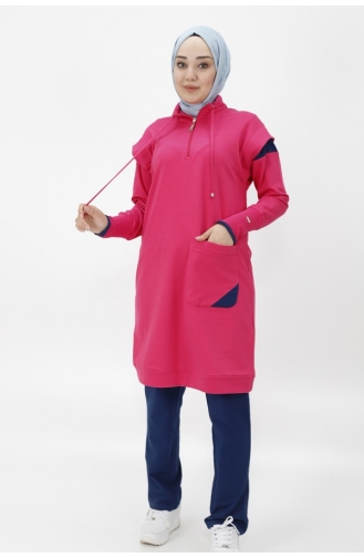 Double Thread Fabric Double Suit With Pockets And Zippered Collar 71178-02 Fuchsia 71178-02