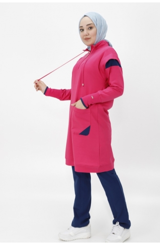 Double Thread Fabric Double Suit With Pockets And Zippered Collar 71178-02 Fuchsia 71178-02