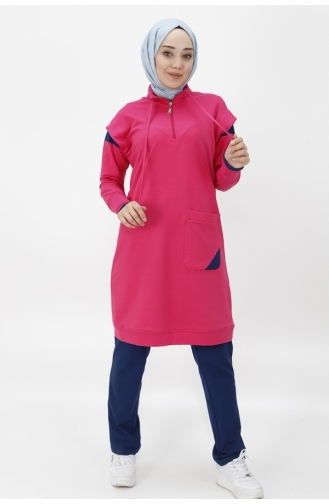 Double Thread Fabric Double Suit With Pockets And Zippered Collar 71178-02 Fuchsia 71178-02